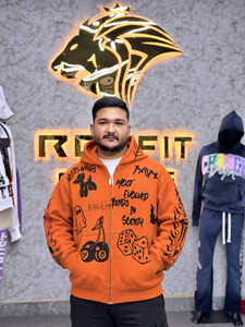 Streetwear <b>Men's</b> Oversized <b>Orange</b> Zip-Up <b>Hoodie</b> Streetwear Cotton French Terry Hooded Sweatshirt with Front Print Design - Product Image 1