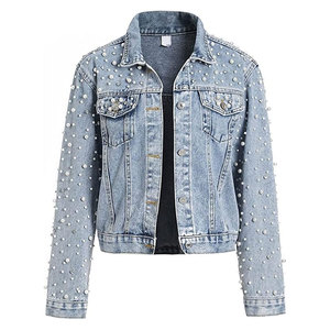 Veste en jean courte pour femme ornée de perles et de strass, élégante, tendance et décontractée - Product Image 1