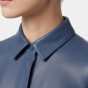 <b>Women</b> Genuine Leather Button Down <b>Shirt</b> Stand Collar <b>Long</b> Sleeve Vintage Casual Office Print Embroidery Summer Winter - Product Image 6