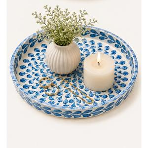 Plateau rond artisanal en nacre incrustée, mosaïque laquée, motif feuille bleue, plateau de service décoratif pour table basse - Product Image 4