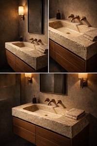 Lavabo de Piedra Natural Senger, Mueble de Baño de Travertino Sólido con Soporte de Pared y <span class=keywords><strong>Gabinetes</strong></span> de Madera <span class=keywords><strong>para</strong></span> Villa, Hotel y Apartamento - Product Image 3