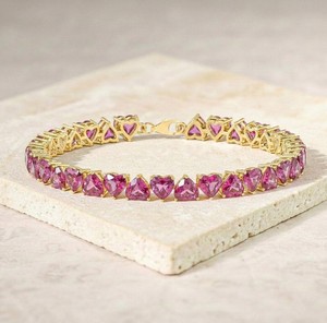 Heart Shape Lab Grown Pink Sapphire Charm <b>Bracelet</b> in Sterling Silver Gold Plated Luxury Jewelry for Women - Product Image 1