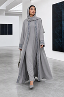 Ensemble Abaya Gris Tricoté Premium pour Femme, Motif Bordure Géométrique, Cardigan Long Modeste, Fabrication Directe Usine, Personnalisation ODM, pour le Moyen-Orient
