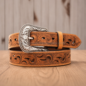 Wholesale Western Cowboy Leather <b>Belt</b> for Men Women Tan Brown Floral Tooled Cutout <b>Belt</b> with Antique <b>Silver</b> Engraved <b>Buckle</b> - Product Image 3