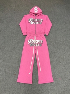 REXFIT Unisex Purple <b>Hooded</b> Tracksuit Set Full <b>Zip</b> Fleece Sweatshirt Pants Logo Print Casual Summer Wear 100% Cotton Lightweight - Product Image 4