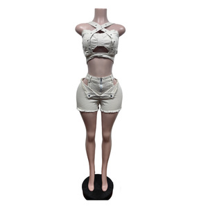 Women's 2 Piece Denim Shorts <b>Set</b> Criss-Cross Top Hollow Out <b>Sexy</b> Club Wear Spring Summer Casual Breathable Fashion Outfit - Product Image 6