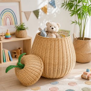 Natural Rattan Woven Pear Basket with Lid Decorative Kids Toy Storage Basket Laundry Organizer Nursery Home Storage Bin - Product Image 6