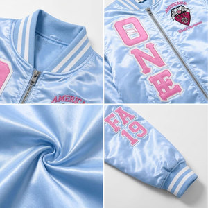 Chaqueta Bomber Azul Claro con Bordado Rosa, Cuello Camisero, Estilo Casual, Corte Regular, Material de Poliéster - Product Image 6