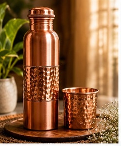 Juego de Botellas de Agua de Cobre de Diseño con 2 Tazas, Patrón Geométrico Verde Dorado, Botella Metálica para Viaje - Product Image 5