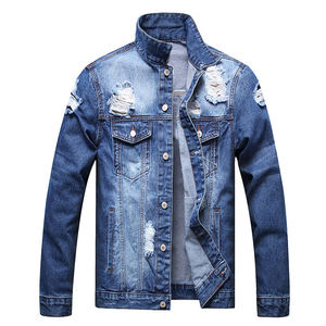 Veste en jean pour homme Oemr, style streetwear, grande taille, en cuir respirant et imperméable, avec col en denim tissé au crochet, effet délavé - Product Image 1