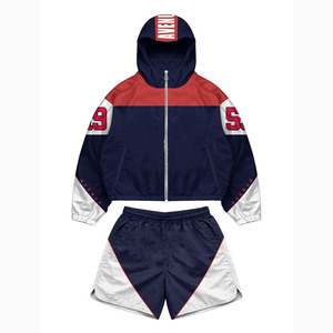 Ensemble coupe-vent et short en polyester de haute qualité, noir avec empiècements bleus, logo imprimé, personnalisable, pour homme - Product Image 6