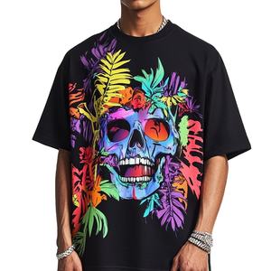 เสื้อยืดฮิปฮอปสตรีทแวร์ทรงโอเวอร์ไซส์สีดำผ้าฝ้ายนุ่มพิมพ์ลายกราฟิกดอกไม้หัวกะโหลกสีสันสดใสทันสมัยสำหรับผู้ชาย - Product Image 1