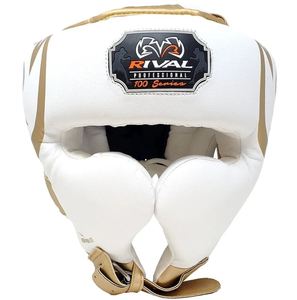 Protège-tête de boxe Rival Professional 100 Series blanc et or, en EVA, réglable, avec visière anti-buée et fermeture auto-agrippante, pour adultes unisexe - Product Image 1