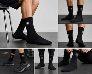 Men's <b>Black</b> Crew <b>Socks</b> with White Logo Heat Transfer Printing Breathable Knitted Winter Wear 100% Cotton Quick Dry - Product Image 4