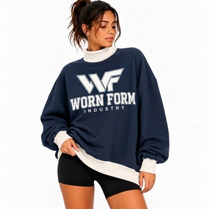 Suéter de cuello alto simulado para mujer, de mezcla de algodón grueso y pesado, bicolor, de corte holgado, estilo urbano, con estampado de franela personalizado, al por mayor - Product Image 3