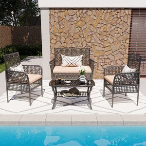 4-Piece Outdoor Patio Furniture Set PE Rattan Wicker Garden <b>Chairs</b> Tempered Glass Table Soft Cushions for Backyard <b>Pool</b> Lawn - Product Image 1