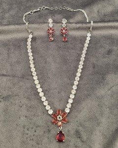 Floral Pattern Center Piece American Diamond Pear Drop Shape Accent Necklace <b>Set</b> With Dangle Earrings Festive Party Wear Jewelry - Product Image 3