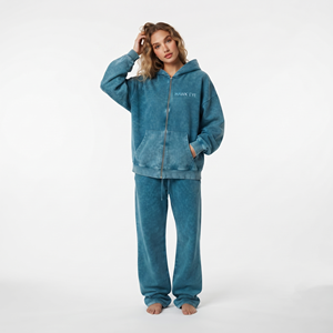 Conjunto Deportivo de Dos Piezas para Mujer, Personalizado al por Mayor, de Algodón, Color Sólido, Lavado Ácido, con Bolsillos Tipo Canguro - Product Image 3