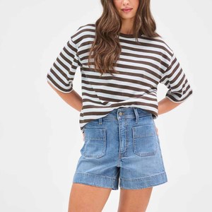 Short en jean décontracté pour femme, coupe droite, taille mi-haute, en coton/élasthanne, écologique, texture lisse, respirant, délavé, boutonné - Product Image 1