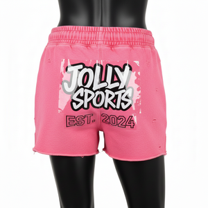 Shorts de mujer de algodón y poliéster, tipo booty, color rosa, tela suave cepillada, estampado con transferencia térmica, logo personalizado. - Product Image 3