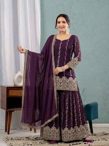 Ensemble prêt-à-porter entièrement cousu en soie froissée avec broderie de sequins de 3 mm, comprenant un haut et un pantalon Sharara Plazzo et un dupatta. - Product Image 1