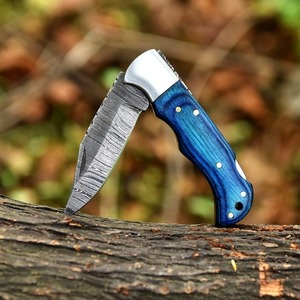 Couteau pliant de poche artisanal noir et bleu en acier Damas pour hommes - 7 pouces, manche en bois, étui en cuir, DIY OEM - Product Image 2