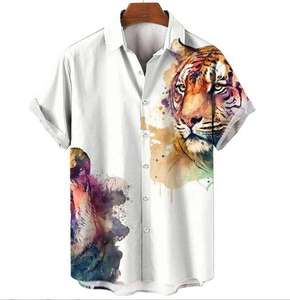 Retro Men's Heavyweight Short Sleeve Shirt 4 Way Stretch <b>Animal</b> Print Lapel Collar 100% Polyester <b>Knitted</b> Fabric Summer Casual - Product Image 3