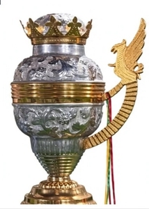 Silver Metal <b>Trophy</b> with Gold Fleur-de-lis Crown and Eagle Handles on Black <b>Base</b> for Competition Award - Product Image 4