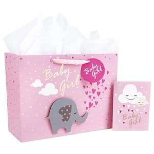 Bolsa de Regalo de Papel Kraft Rosa para Bebé Niña de 16 Pulgadas con Sobre a Juego, Bolsa de Compras Impresa para Recuerdos de Fiesta de Baby Shower - Product Image 1