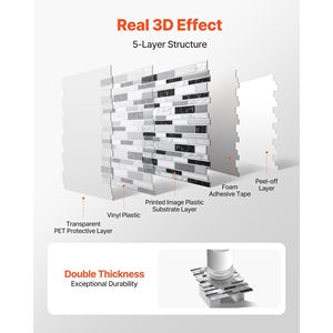 Azulejos Autoadhesivos de 10 Hojas, 12 x 12 x 0.78 Pulgadas / 305 x 305 x 2.0 mm, para Revestimiento de Pared Tipo Metro, 12 x Tile - Product Image 2
