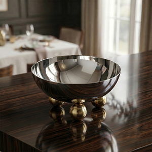 Bol de service rond en métal argenté et doré avec base sphérique, ustensile de cuisine artisanal, centre de table décoratif moderne, cadeau - Product Image 1