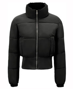 Women's Black <b>Quilted</b> Puffer Jacket Stand Collar Full Sleeve Zipper Closure <b>Thick</b> Winter Coat Solid Color Polyester Wadding Logo - Product Image 1