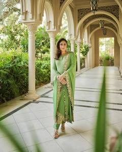 <b>Green</b> <b>Net</b> Saree Salwar Set Embroidered Blouse Kurta Pakistani Indian Outfit for Eid Party Wedding - Product Image 1