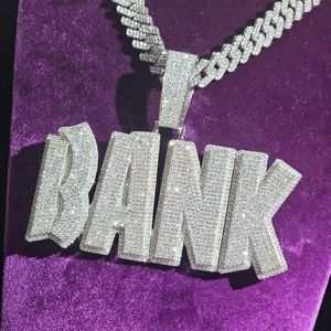 Collar con Colgante de Letra BANK Plateado en Plata, con Circonitas Cúbicas Engastadas, Cadena de Eslabones, Estilo Hiphop para Hombre, Uso Diario - Product Image 5