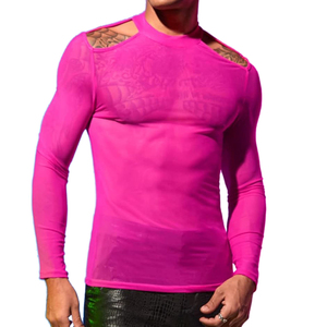 Camiseta Transparente de Malla Rosa para Hombre, Camiseta de Manga Larga Transparente, Camiseta de Malla Transparente Estilo Y2K, Camiseta de Malla de Red para Playa o Piscina - Product Image 1