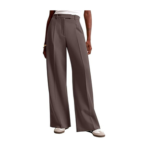 Pantalon taille haute à jambes larges, couleur unie, plissé, longueur complète, élégant, en crêpe, infroissable, coupe ample, style automne - Product Image 5