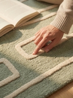 Alfombra Moderna Verde Salvia con Mechones, Hecha a Mano, Geométrica, con Base de Látex y Lana, Ecológica, para Sala de Estar, Hotel, Venta al Por Mayor