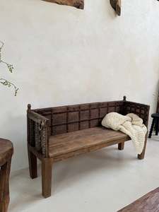 Antique Carved Hallway <b>Bench</b> Rustic Solid Teak Timber Entryway Settee Settle Vintage Indian Daybed Farmhouse <b>Living</b> <b>Room</b> - Product Image 1