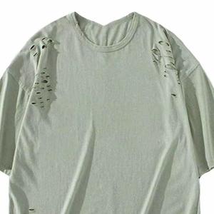 T-shirt personnalisé délavé effet soleil, gris vieilli, déchiré, style streetwear, avec logo personnalisé, pour homme, décontracté, 100% coton premium - Product Image 2
