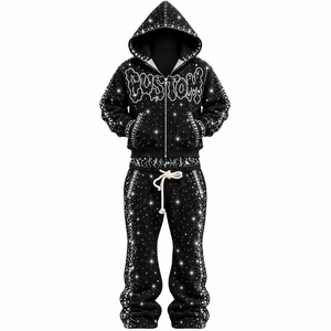 Conjunto de Sudadera con Capucha y Pantalones de Chándal Unisex con Estampado de Logotipo Personalizado, Tallas Grandes, Estilo Urbano, Negro, Oversize, con Cremallera, Pedrería, Hip Hop, Forro Polar de Invierno - Product Image 1