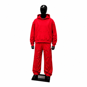 Chándal Rojo con Capucha para Hombre, Manga Larga, Color Sólido, Estilo Casual Holgado, Algodón, Ropa de Otoño con Bolsillos Laterales, Cintura Elástica, Ajuste Cómodo - Product Image 1