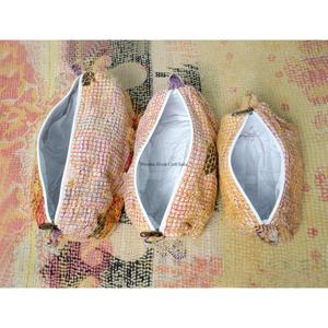 100% Pure Cotton Kantha Fabric Tassel Pattern Zipper Closure Eco-Friendly Durable Large Vintage Lightweight Makeup Bag Pouch Set - Product Image 4