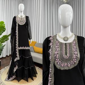 Traje Sharara Moderno Negro de Georgette Sintético, Conjunto de Salwar Kameez Bordado con Dupatta para Bodas, Graduaciones, Diwali y Fiestas para Mujer - Product Image 4