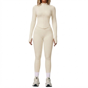 Ensemble de vêtements de sport pour femmes, 2 pièces, haut ajusté à manches longues avec fermeture éclair, leggings taille haute, vêtements de yoga, de gym et de fitness - Product Image 1
