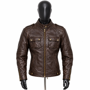 Chaqueta Bomber de Cuero Marrón para Hombre, Cuello Camisero, Cierre de Cremallera, Dos Bolsillos, Corte Ajustado, Manga Regular, Invierno, Ecológica, Casual - Product Image 1
