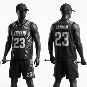 Uniforme de lacrosse personnalisé à manches courtes en polyester respirant de qualité supérieure 180 GSM, noir et gris, avec logo sur le devant - Product Image 1