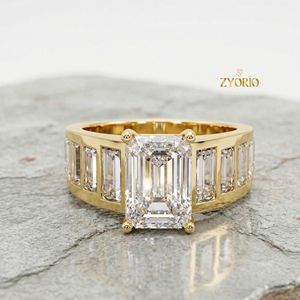 Emerald Cut Engagement <b>Ring</b> in 925 Sterling Silver Wide Band Baguette Accent <b>Statement</b> <b>Ring</b> - Product Image 3