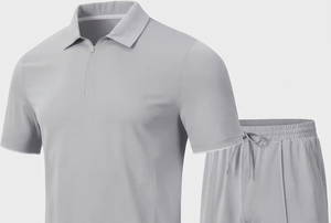 Conjunto de Polo y Pantalones Cortos de Secado Rápido para Hombre, Color Gris Sólido, Media Cremallera, Manga Corta, Ropa Deportiva Informal de Verano, Ligera, de Poliéster - Product Image 3