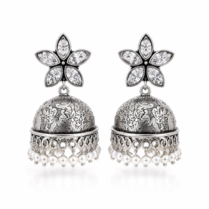 Fournisseur de confiance, boucles d'oreilles pendantes Jhumka en argent oxydé pour femmes, style Bollywood |   Fournisseur en gros, fabricant direct d'usine - Product Image 1