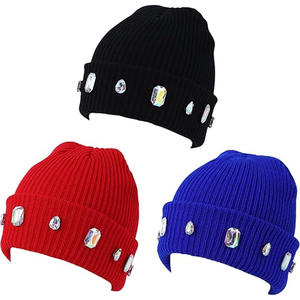 Black Rhinestone Beanie <b>Hat</b> Rib Knit Winter <b>Cap</b> Unisex Soft Warm Stretch Skull <b>Cap</b> Custom Logo OEM Supplier - Product Image 3